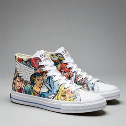 winged high top sneakers with colorful comic illustrations, product photo, studio lighting, highly detailed