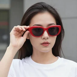 a woman, 3 0 years old, wearing red sunglasses