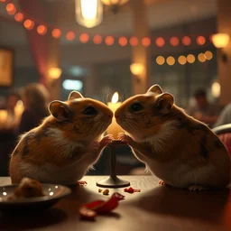 photo of a hamsters on a date, kissing, at night, faded colors, candlelit restaurant table, cinematic color grading, various poses, soft light, centered, sharp focus, 8 k