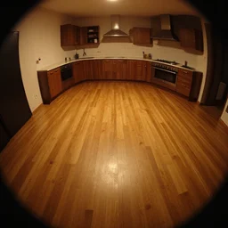 emmo dark, volumetric lighting, fisheye, curved perspective, naive, extra narrow, wooden texture, kitchen, large floor, by rhads antoni gaudi goya, warm tones
