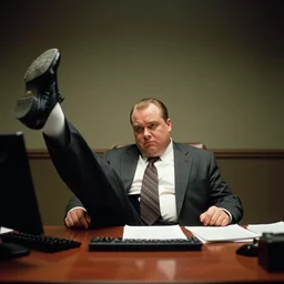 cinematic film still from 1994 film: portly clean-shaven white man wearing suit and necktie at his desk, kicking his right foot in the air, XF IQ4, f/1.4, ISO 200, 1/160s, 8K, RAW, dramatic lighting, symmetrical balance, in-frame