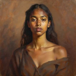portrait in daring femininity, ethnic, statuesque, confident face, warm glow, bathed in morning light, captured memory, painterly, radiosity, impressionism, warm earthy natural color scheme, modern fashion, contemporary art, deep rich hues, oil on canvas