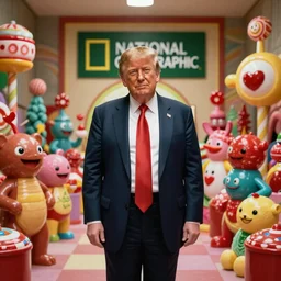 donald trump in a realistic candyland with creatures, national geographic, canon 5 0 mm, cinematic lighting, photography, retro, film, kodachrome