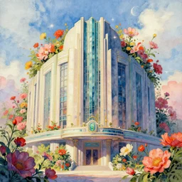 a painting of an art deco building surrounded by flowers, a watercolor and matte painting by beeple and rhads and mark keathley, cgsociety, artdeco, dystopian art, retrofuturism, sci - fi, artstation hq