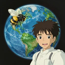 metamorphic transition from the last bee on earth to, last selfie on earth, drawed by M. C. Escher colored by Hayao Miyazaki