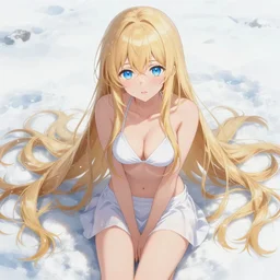 winter picture : a shivering very beautiful grown blond anime girl, extremely long blond hair that covers the ground, extremely long blond hair that covers the ground, extremely long blond hair that covers the ground, extremely long blond hair that covers the ground, detailed sky blue eyes, cute, bikini, white miniskirt, highly detailed, cinematic wallpaper by stanley artgerm lau art