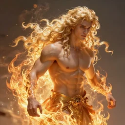 Lucius as a demigod of scintillating radiance, long fluffy blond curly hair, wreathed in magnificent flames stalking across the battlefield, oil on canvas, golden hour, artstation, by J. C. Leyendecker and Peter Paul Rubens