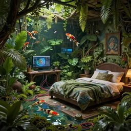 an intricate concept art illustration of an undergrowth cozy bedroom with plant garden and koi fish, computer wires, digital art, photorealistic movie still, style ivan talavera and artgerm, hyper realistic, photorealistic, octane render, trending on artstation, cgsociety, cinematic light, 8 k