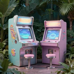 80s outdoor retro arcade, chrome, pastel colors, desolate, lush vegetation, moody:: by beeple and James Gilleard and Justin Gerard :: ornate, dynamic, particulate, intricate, elegant, highly detailed, centered, artstation, smooth, sharp focus, octane render, 3d