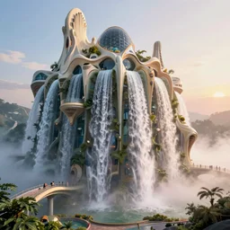 highly detailed futuristic architecture by Antoni Gaudí, tall waterfalls, ground-level view, foggy atmosphere, stunning sunny lighting, sunrise, vivid colors, in the style of pixar animation, trending on Artstation, 8k, matte painting, ray tracing, hyper detailed, unreal engine 5, cinematic, epic lighting, cryengine, octane render, cyberpunk, red and orange glow, vibrant