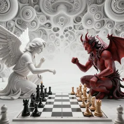 an angel and a demon, playing chess with humans!!, fantasy landscape made of fractals facing each other, ultra realistic, wide angle, intricate details, the fifth element artifacts, highly detailed by peter mohrbacher, hajime sorayama, wayne barlowe, boris vallejo, aaron horkey, gaston bussiere, craig mullins