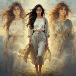 full body portrait of a beautiful young asian girl glasses, freckles, fully clothed!, worksafe!, jeremy mann and alphonse mucha, photo realistic, dynamic lighting, windy, artstation, poster, dreamy, volumetric lighting, ethereal, 4 k, high detail