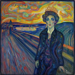 a woman in a dream city, by moebius, by hernst haeckel, by munch, by schiele, pastel deep colours, woodcut, highly detailed, ornate, thick lines, lights by hopper