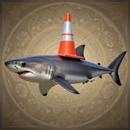 great white shark, side view, with a silver and orange striped traffic cone construction cone on its dorsal fin, mandala background fractal background detailed - ron cheng & alphonse mucha, highly detailed, digital painting, ray tracing, concept art, illustration, smooth sharp focus, intricate, symmetry, artstation,