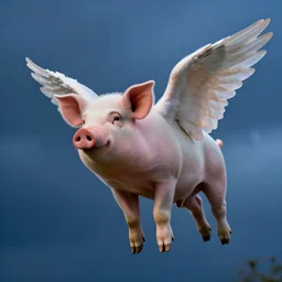 pig flying with angel wings in a blue sky dramatic lighting