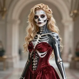beautiful blonde female necromancer who looks like mila jovovich wearing skeleton bodypaint, skull facepaint, and a crimson skirt, hyper realistic digital illustration, hd, intricate, depth of field, soft lighting, elegant, character design