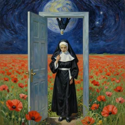 veiling nun at poppy field door in the sky tree upside down planet on horizon stargate by beksinski van gog hyperrealism detailed masterpiece doomy