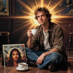 a man sitting on the floor with a cup of coffee, an album cover by John Cale, tumblr, neo-figurative, movie still, wiccan, 1990s