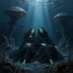 The Grim Reaper twins dreaming underwater on an alien world by Dan Mumford and Josan Gonzalez and Laurie Greasley and Tim Doyle, tenebrism, tonalism