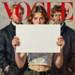 vogue magazine, holding a blank sign, greg rutkowski, john singer sargent, anime, trending on artstation, oil painting, crop top, intricate