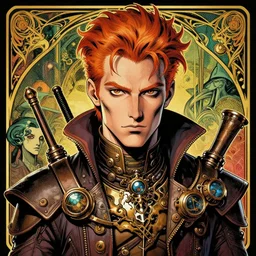 a detailed portrait illustration of a steampunk tech - sorcerer. handsome androgynous face, ginger. art nouveau, pop art, comic book style. influenced by neil gaiman, h. p. lovecraft, dan mumford, brian froud, heade, killian eng, ross tran.