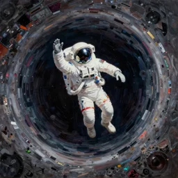 a beautiful glitched painting by robbie trevino of a cosmonaut in space suit falling into a dark abyss