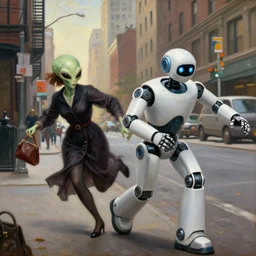 a robot cop chases an alien that has stolen a woman's purse down the streets of Manhattan, renaissance painting