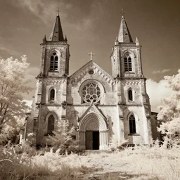 infrared photograph of an abandoned church with overgrown vegetation, exterior, vintage photograph