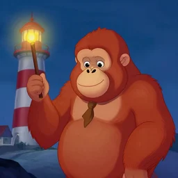 portrait of red orangutan dressed as a librarian hold lighthouse as magic wand, disney cartoon style, talespin, artstation, by julie bell