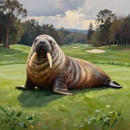a painting of a walrus lying on a golf course, kinkade, goya,