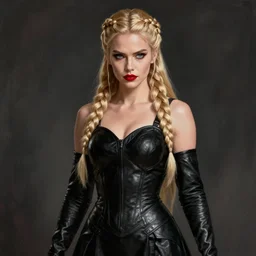 artistic portrait of a confident and severe looking valkyrie, extremely long blond braided hair, beautiful blue eyes and red lips, wearing black leather dress, perfect fit body, art by artgerm and greg rutkowski and magali villeneuve, highly detailed, digital painting, trending on artstation, concept art, sharp focus, illustration, masterpiece