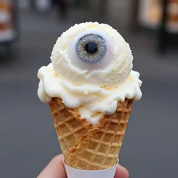 a cone of ice cream with a scoop of pure flesh and eyeballs in it, horror,