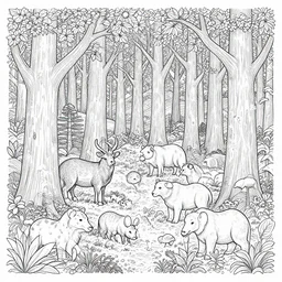 intricate line drawing of a forest with lots of animals. Colouring book picture