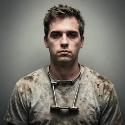 prison mugshot of ben shapiro in handcuffs, dramatic lighting, dirty clothes, low saturation, somber expression, soft vignette, 4 k