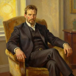 detailed oil painting of old tony stark sitting in an armchair in a room with the setting sun, by thomas kinkade, rembrandt, golden hour