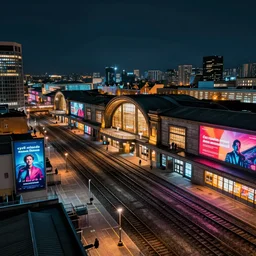the central train station on the outskirts of the city at night by cyril rolando and naomi okubo and dan mumford. advertisements. neon.
