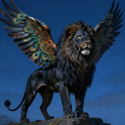 black lion with peacock wings, night sky, by michael whelan and james gurney, epic, fantasy illustration, intricate, hyper detailed, concept art, smooth, sharp focus, vibrant, photo realistic, digital painting