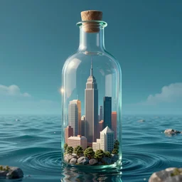 a city inside bottle, floating in the sea, digital art, trending on artstation