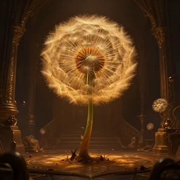 a 4 k cinematic screenshot still portrait of a humanoid dandelion monster in a dark liminal space room surrounded by amber glow, deep focus, d & d, fantasy, intricate, elegant, highly detailed, digital painting, art station, concept art, matte, sharp focus, illustration, dark fantasy art, hearthstone, art by artgerm and greg rutkowski and alphonse mucha