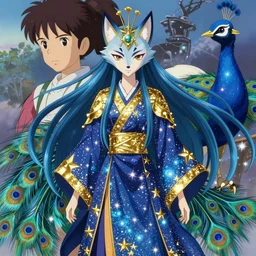 portrait from an anime of an ethereal colorful blue starry peacock fox character, accented in bright metallic gold, wearing star filled magic imbued mage robes, art by yuji ikehata, background art by miyazaki, realism, proper human proportions, fully clothed