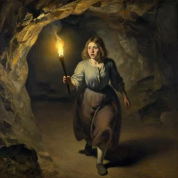 a girl with a torch walking through a cave, the girl is scared, by van hove, francine