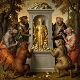anthropomorphic animals worshipping a monument to money, golden idol, by hieronymus bosch, ultra detailed, highly detailed, 8 k, trending on artstation, award - winning art,