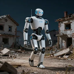color video footage, a robot walking in the destroyed home town, at night,