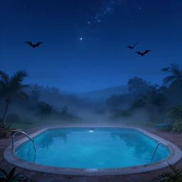 night sky with stars, bats, vintage swimming pools, lush fog, deep blue mood, contemporary archival color photograph print from the original negative, by stanley kubrick