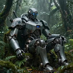 an intricate concept art of a giant mechanical robot pilot resting in the rainforest, sci - fi film color palette, artstation, deviantart, octane render, cinematic, inception concept, michael bay film style