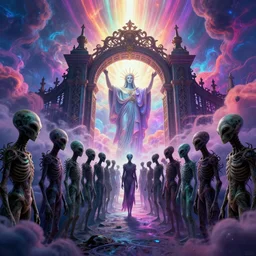 [ palate ] [ vibrant gothic colors ] lost alien souls congregating and waiting in line at heaven's gates, vibrant neon nebulous clouds, radiant light rays, photorealistic illustration, intricate and fine details, volumetric lighting, artstation, god figure at the gate - w 1 0 2 4