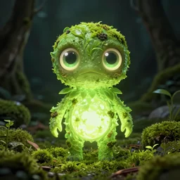 a glowing humanoid figure plant monster with large eyes, highly detailed, digital art, sharp focus, trending on art station, moss, anime art style