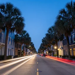 charleston, south carolina, landscape, cityscape, broad street, vanishing point, traffic light trails, dawn, blue hour, 2 4 mm, f / 1 6, long exposure, architecture photography
