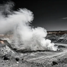 a landscape photograph of a mining operation on the moon. plumes of dust are visible against the starry sky. stark contrast, vivid, award winning photography