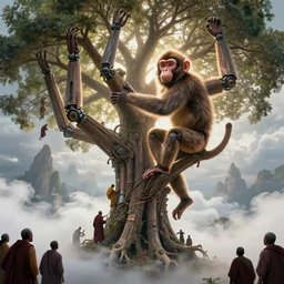 a giant monkey climbs a tree made of biomechanical arms and legs, intricate details, finger branches, backlit, clouds, a crowd of robed worshipers, giant people climbing the tree, concept art, by greg rutkowski